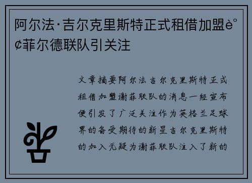 阿尔法·吉尔克里斯特正式租借加盟谢菲尔德联队引关注 阿尔法·吉尔克里斯特正式租借加盟谢菲尔德联队引关注